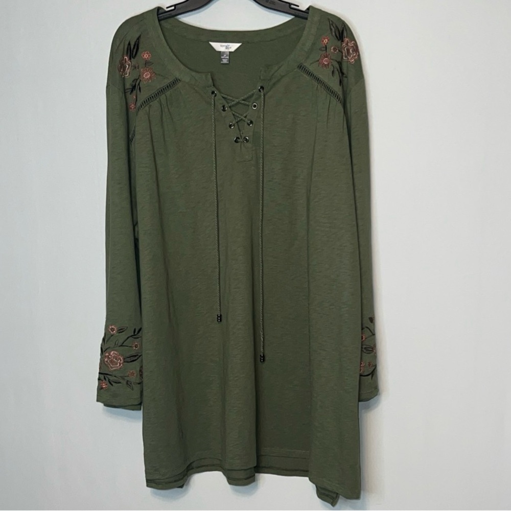 Terra & Sky BOHO Floral Embroidered Blouse 3/4 Sleeve Lace V-Neck Women’s Sz 4X